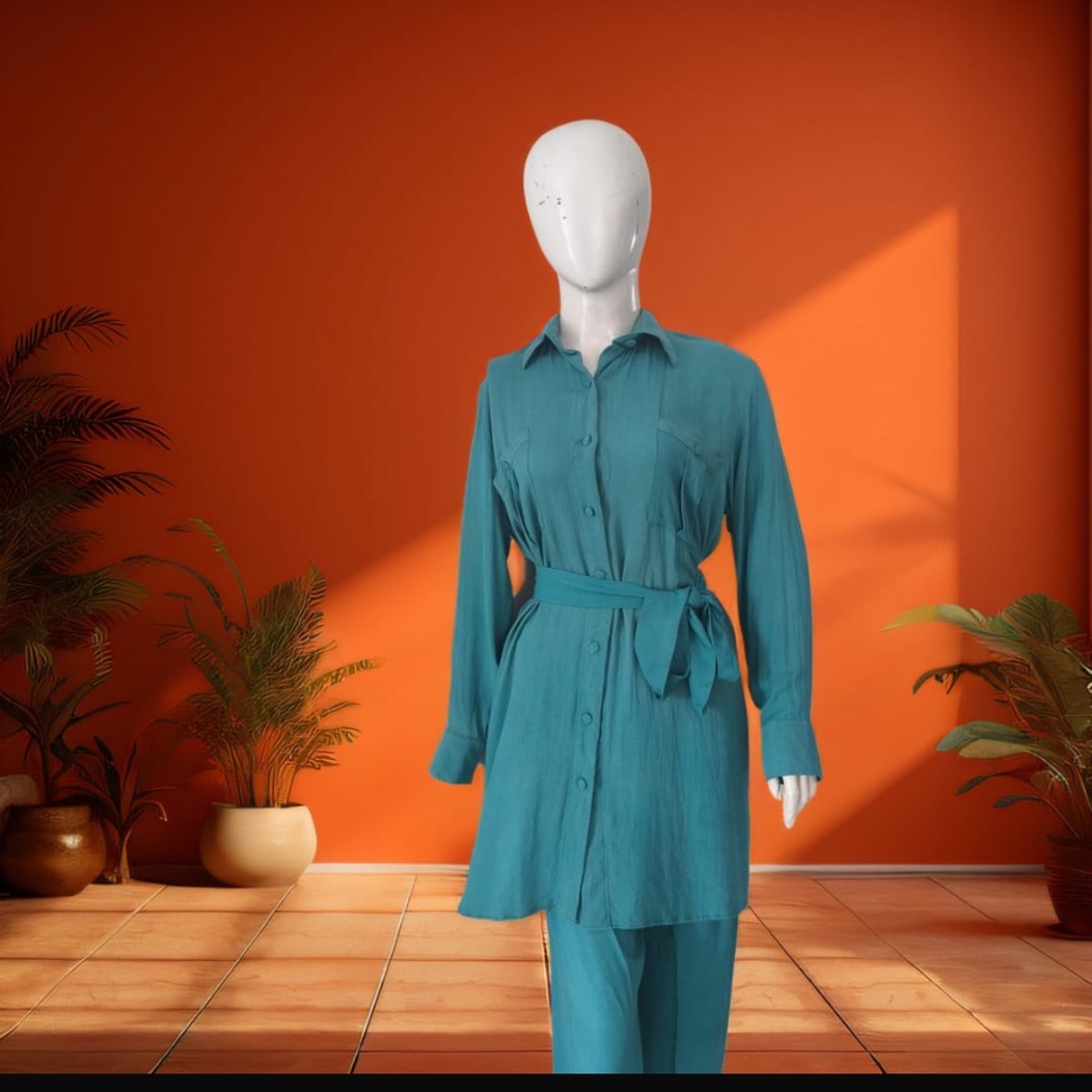 Chic Teal Shirt Dress with pants